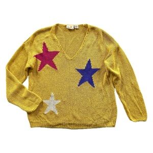 Liz Claiborne Vintage Retro 80s Yellow Star Silk Rayon Knitted V-Neck Sweater